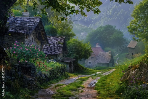 Misty morning view of a charming village path lined with traditional stone houses and vibrant flora