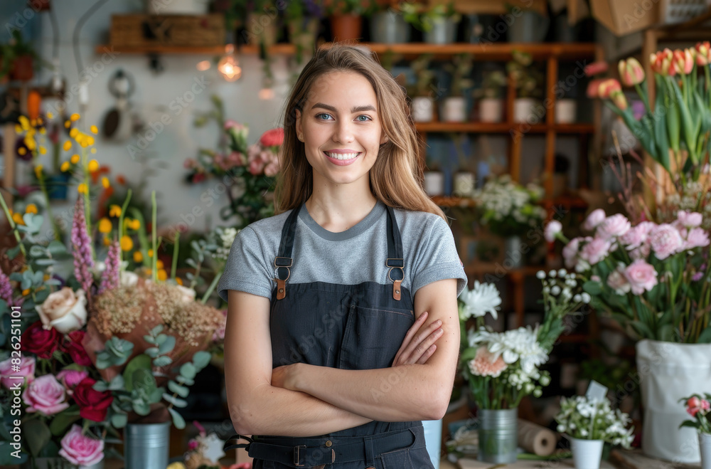 portrait of female florist in green apron stands with arms crossed against the background of flowers and flower shop, beautiful young woman works at her job as floral designer or business owner 