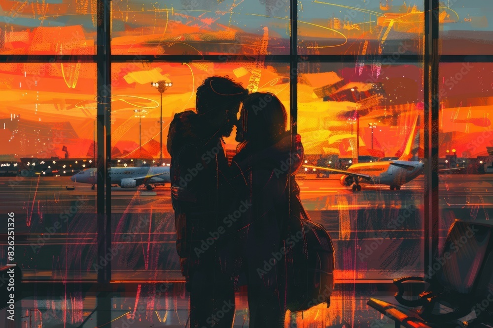 Silhouetted couple embracing lovingly at the airport with vibrant sunset background Silhouetted couple embracing lovingly at the airport with vibrant sunset background