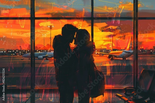 Silhouetted couple embracing lovingly at the airport with vibrant sunset background