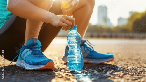 a sportswoman taking shots with a blue water bottle while putting on running shoes on a city street, sunlight with a blurred background,