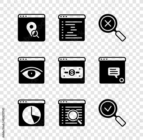 Set Infographic of city map, Browser window, Magnifying glass and delete, Graph chart infographic, Search engine, with check mark, incognito and Online shopping on screen icon. Vector