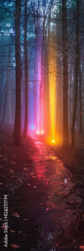 Spectrum of Laser Lights Cutting Through Misty Forest