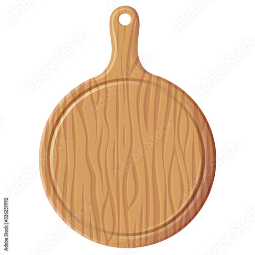 Wooden chopping board isolated on white background. Wooden pizza and cutting board. Illustration for food shop, cafe, bar, party, food concept. Vector illustration for menu, poster, website, banner