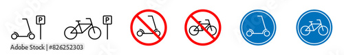 Bike, electric scooter parking icon set. No scooter, bicycle parking sign