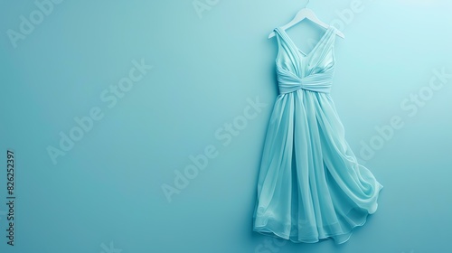 Light blue elegant evening dress hanging on a hanger against a blue background.
