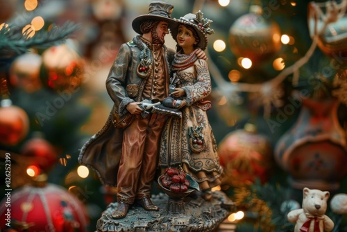 Closeup of intricately detailed victorian couple statues amidst festive christmas background