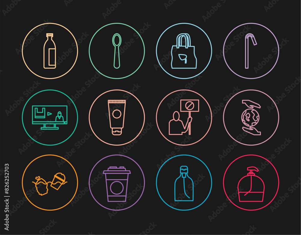 Set line Bottle of liquid soap, Hands holding Earth globe, Shopping bag with recycle, Cream cosmetic tube, Stop plastic pollution, Lotion, Nature saving protest and Disposable spoon icon. Vector Set line Bottle of liquid soap, Hands holding Earth globe, Shopping bag with recycle, Cream cosmetic tube, Stop plastic pollution, Lotion, Nature saving protest and Disposable spoon icon. Vector