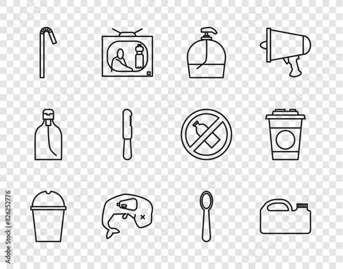 Set line Paper glass water, Canister for machine oil, Bottle of liquid soap, Environment protection whale dead, Drinking plastic straw, Disposable knife, spoon and icon. Vector