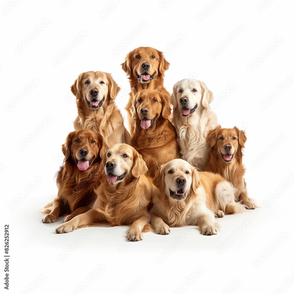 Three golden retrievers together with a white background. Three golden retrievers together with a white background.