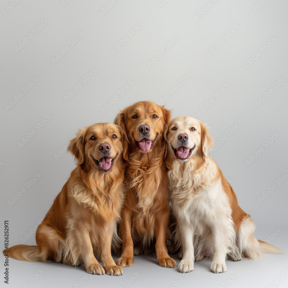 Three golden retrievers together with a white background.
