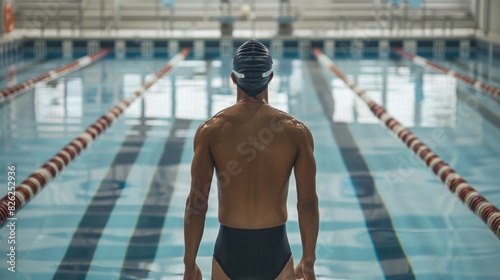 An athlete standing in front of a large swimming pool