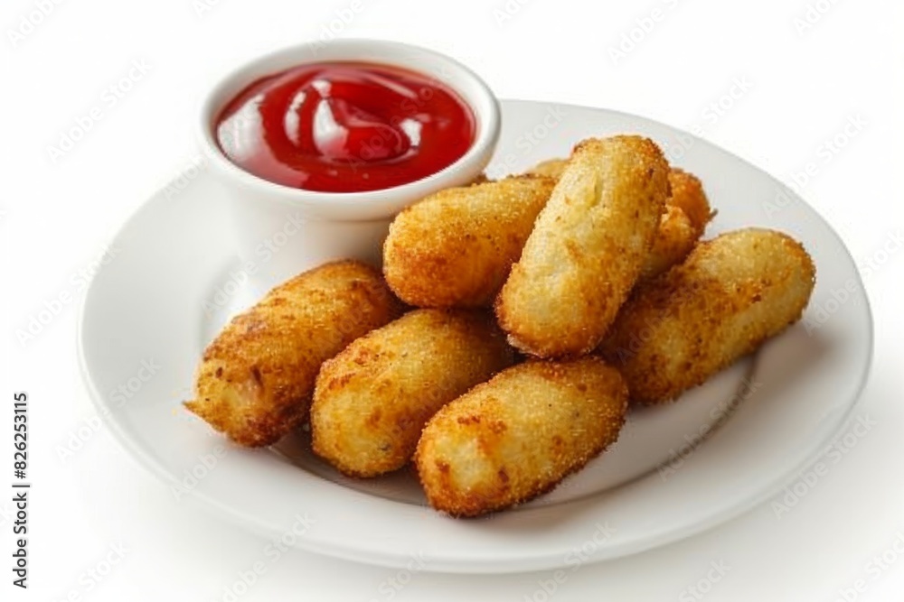 french cheese crispy potato croquettes with ketchup on a white plate on a white background french cheese crispy potato croquettes with ketchup on a white plate on a white background