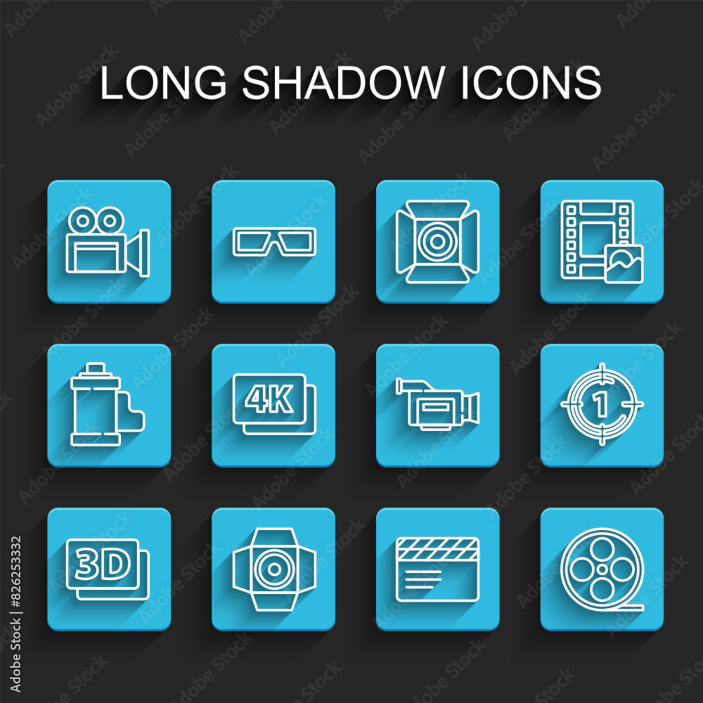 Set line 3D word, Movie spotlight, Cinema camera, clapper, Film reel, 4k Ultra HD, Old film movie countdown frame and icon. Vector Set line 3D word, Movie spotlight, Cinema camera, clapper, Film reel, 4k Ultra HD, Old film movie countdown frame and icon. Vector