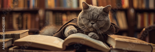 A cat is laying on top of a book with its paws on the pages photo