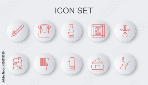 Set line Hookah, Tandoori chicken, Indian vase, spice, Bamboo flute indian, Monkey, Aroma sticks, incense and textile fabric icon. Vector