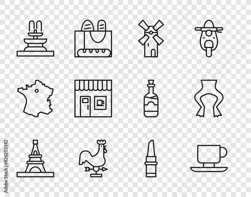 Set line Eiffel tower, Coffee cup, Windmill, Rooster weather vane, Fountain, shop, Lipstick and Frog legs icon. Vector
