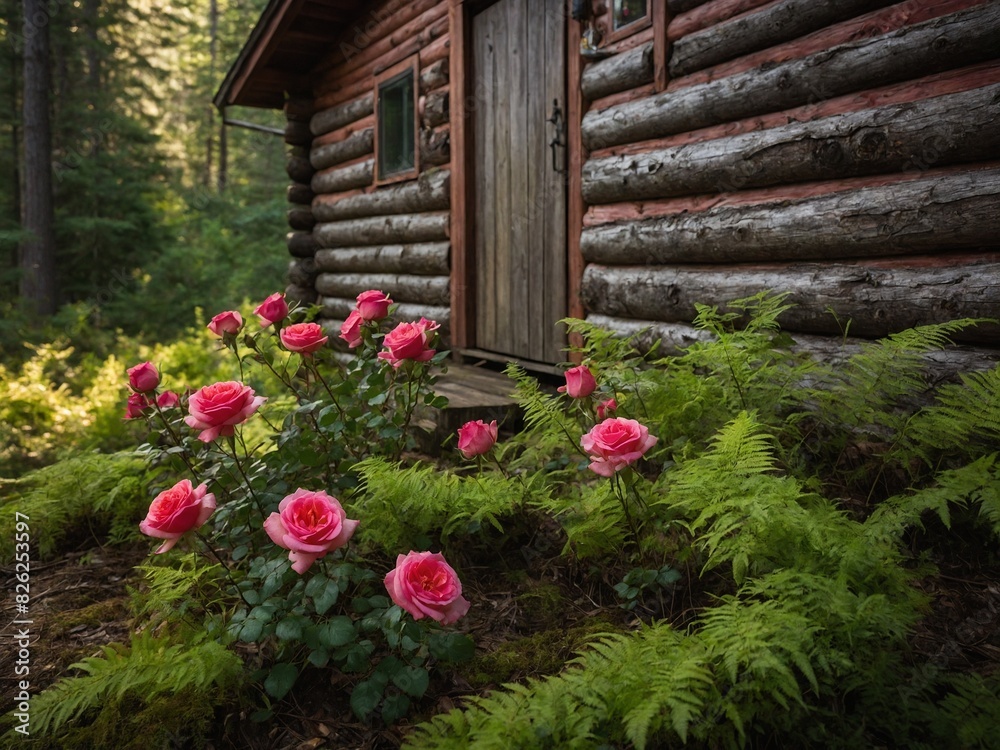 Fototapeta premium Vibrant cluster of pink roses stands out against backdrop of lush green ferns in foreground. Rustic log cabin nestled among tall trees in background, suggesting serene, secluded retreat in nature.