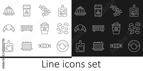 Set line Donut, Jelly candy, Candy, Electronic scales, Croissant, Pudding custard, Coffee cup to go and Jar honey icon. Vector