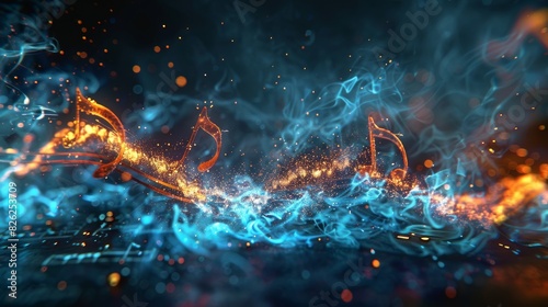 Mesmerizing dance of blue flames and musical notes in an abstract composition captures the essence of vibrant sound waves. Generative Ai photo