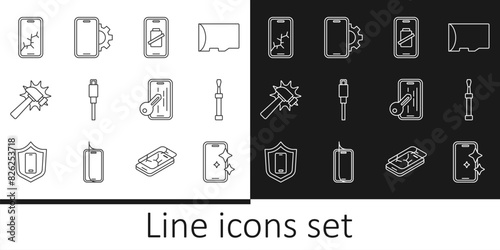 Set line Glass screen protector, Screwdriver, Smartphone battery charge, USB cable cord, Hammer, Mobile with broken, and Phone repair service icon. Vector