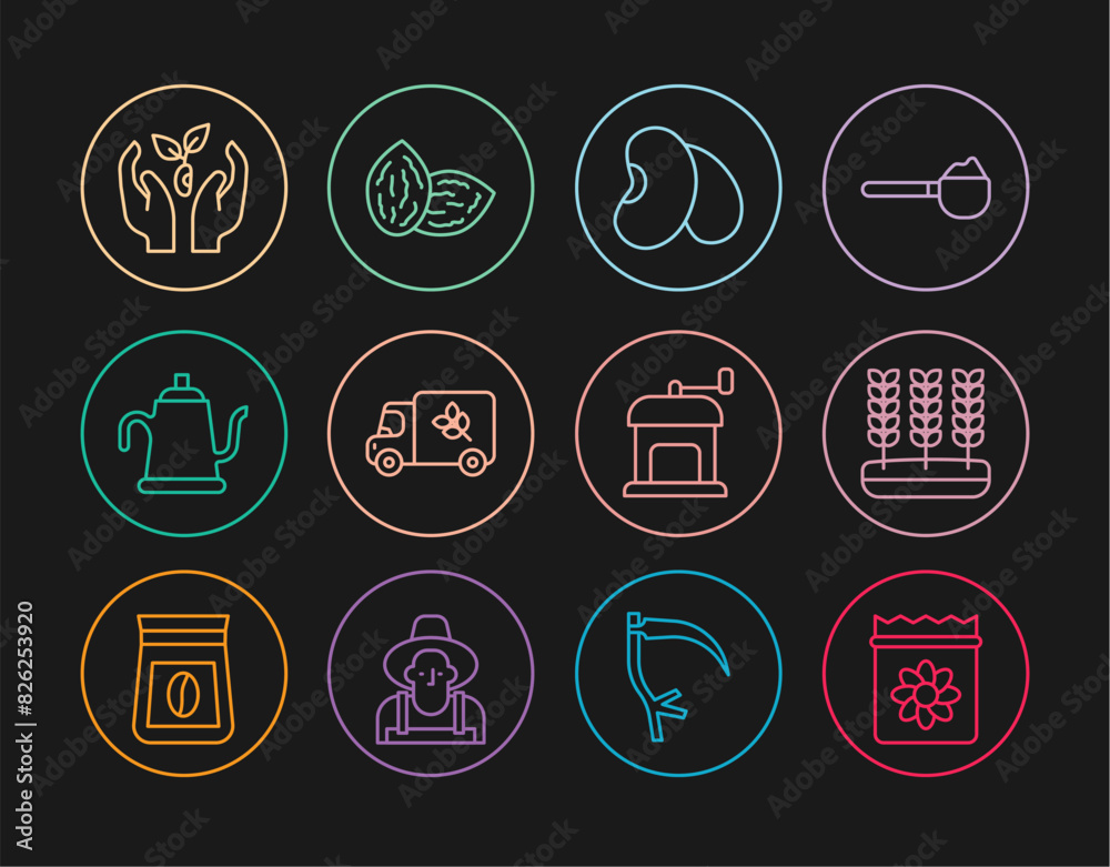 Set line Pack full of seeds of plant, Wheat, Beans, Flour truck, Watering can, Plant hand, Manual coffee grinder and Seed icon. Vector
