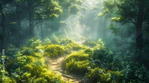 A verdant green landscape with a winding path leading through a dense forest  inviting exploration and adventure