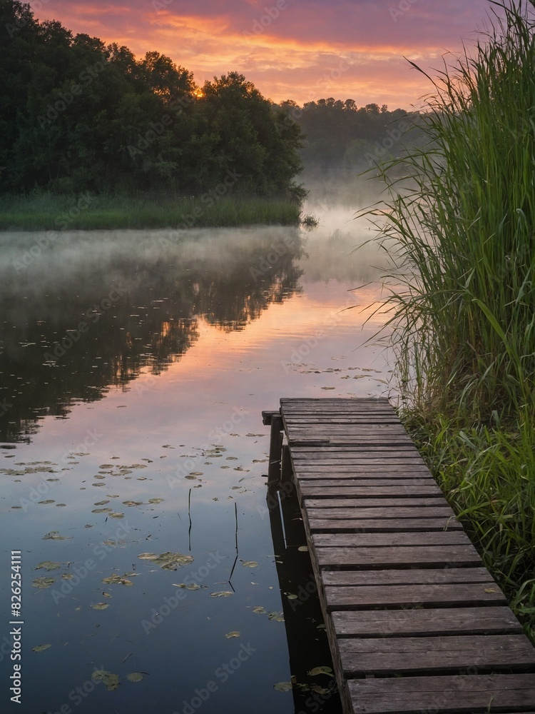 Obraz premium Wooden pier reaches out into tranquil lake, with misty veil hovering above waters surface. Scene bathed in warm hues of sunrise, sunset, reflected in still water.