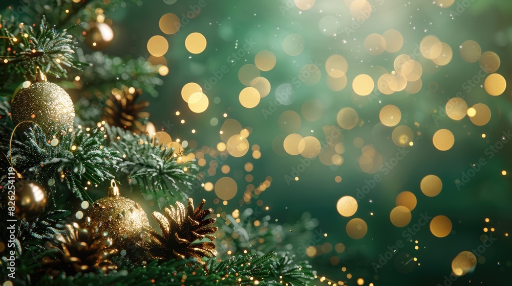 A Christmas tree with gold ornaments and pine cones. The tree is surrounded by a blurry background with bright lights A Christmas tree with gold ornaments and pine cones. The tree is surrounded by a blurry background with bright lights