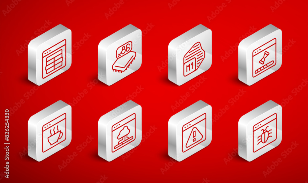 Set line System bug, Processor with microcircuits CPU, Loading data window, Browser exclamation mark, MySQL code, Cloud technology transfer and Software icon. Vector Set line System bug, Processor with microcircuits CPU, Loading data window, Browser exclamation mark, MySQL code, Cloud technology transfer and Software icon. Vector