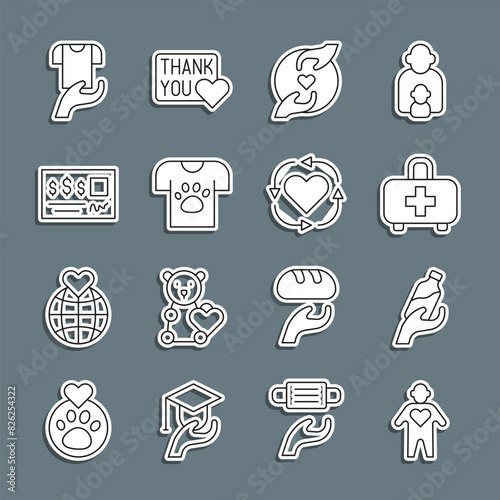 Set line Volunteer, Donation water, First aid kit, Pleasant relationship, Animal volunteer, Bank check, Clothes donation and icon. Vector