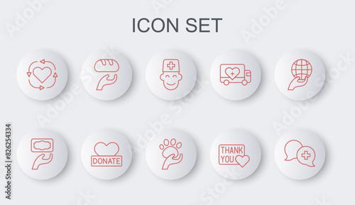 Set line Dialogue with doctor, Donation and charity, Male, Thank you heart, Volunteer, food, and Animal volunteer icon. Vector