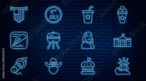 Set line Statue of Liberty, United States Capitol Congress, Paper glass with straw, Barbecue grill, Declaration independence, American flag, Benjamin Franklin and Calendar date July 4 icon. Vector