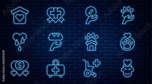 Set line Volunteer, Heart with animals footprint, Donation and charity, food, Blood donation, Shelter for homeless, Animal shelter house and cross icon. Vector
