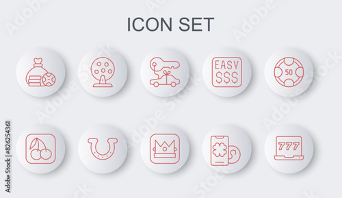 Set line Laptop and slot machine, Slot with cherry, Car gift, Online poker table game, Money bag, Lottery, Horseshoe and King playing card icon. Vector