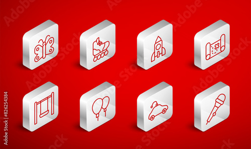 Set line Microphone, Roller skate, Rocket ship toy, Pirate treasure map, Radio controlled car, Butterfly, Balloons and Swing icon. Vector