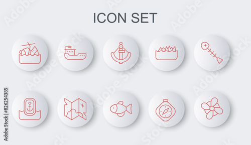 Set line Boat propeller, Location with anchor, Anchor, Compass, Sinking cruise ship, Cargo, Pirate treasure map and Fish icon. Vector