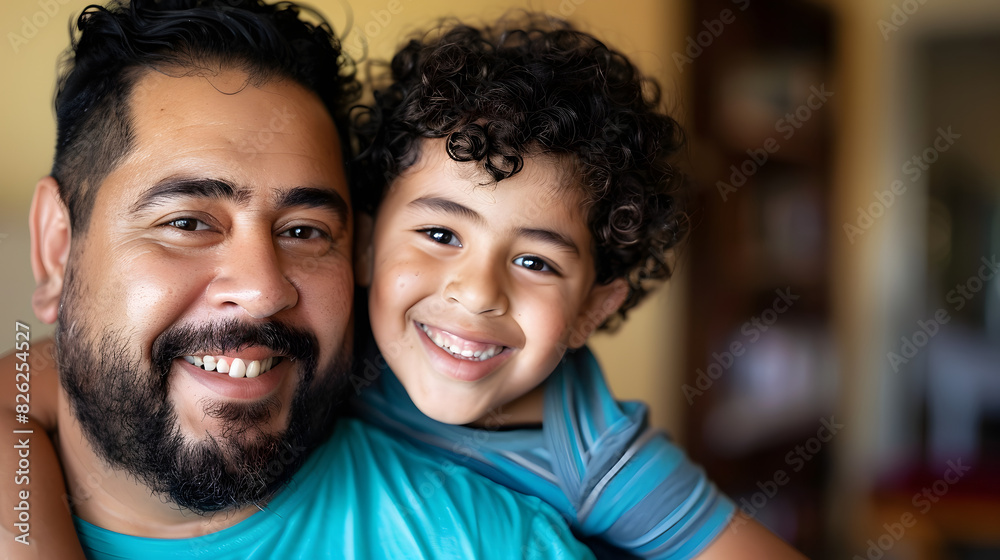 Portrait of cheerful hispanic father and son with curly black hair at home Portrait of cheerful hispanic father and son with curly black hair at home