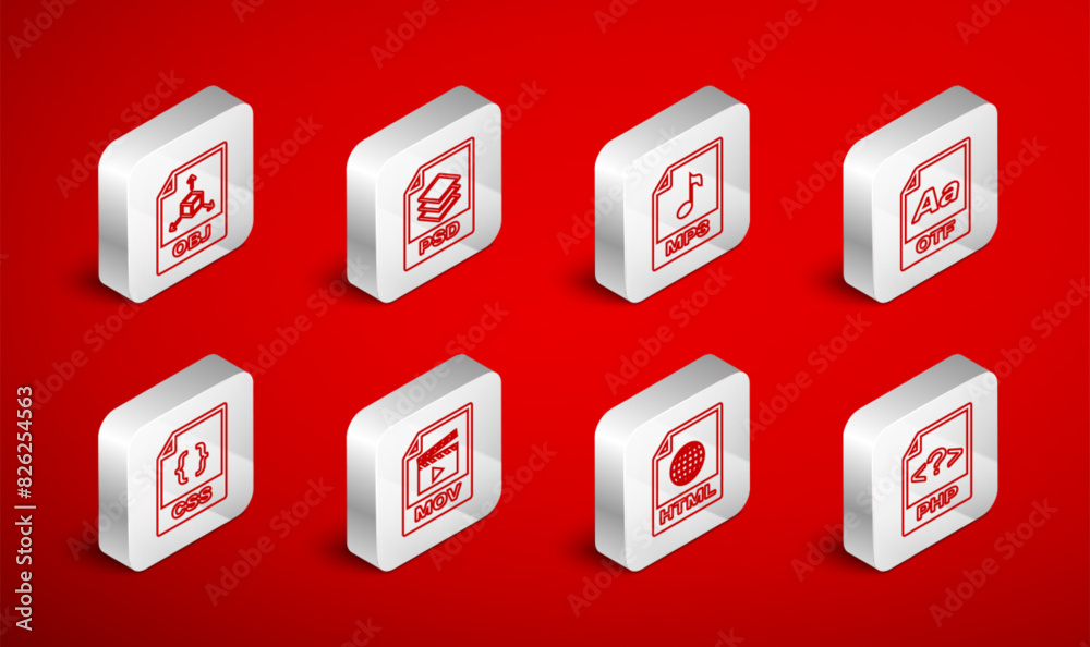 Set line PHP file document, PSD, MP3, OTF, HTML, OBJ, MOV and CSS icon. Vector Set line PHP file document, PSD, MP3, OTF, HTML, OBJ, MOV and CSS icon. Vector