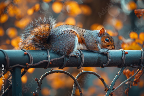 Relaxed Squirrel Lying Flat on a Metal Railing During Autumn