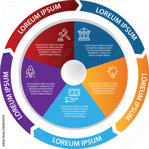 Collection of vector Arrow  circle chart infographic templates for presentations, advertising, layouts, annual reports. 5 options, steps, parts
