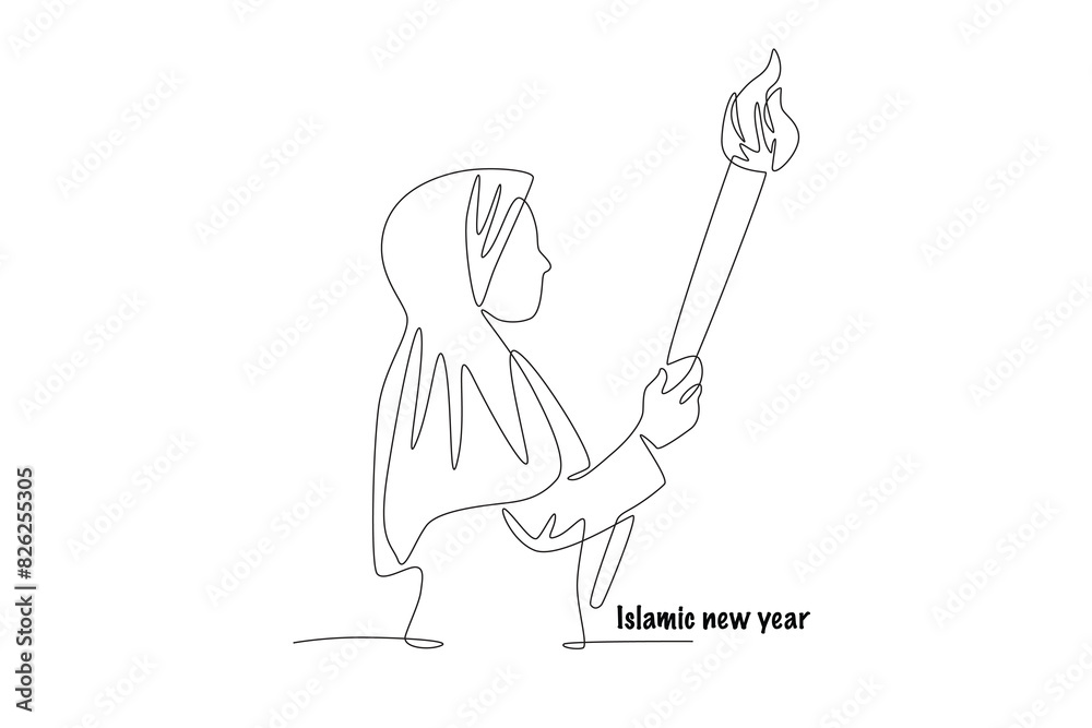Woman holding torch. Islamic new year concept one-line drawing Woman holding torch. Islamic new year concept one-line drawing