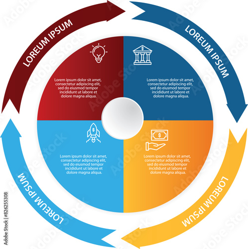 Collection of vector Arrow  circle chart infographic templates for presentations, advertising, layouts, annual reports. 4 options, steps, parts