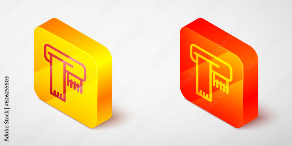 Isometric line Winter scarf icon isolated on grey background. Yellow and orange square button. Vector Isometric line Winter scarf icon isolated on grey background. Yellow and orange square button. Vector
