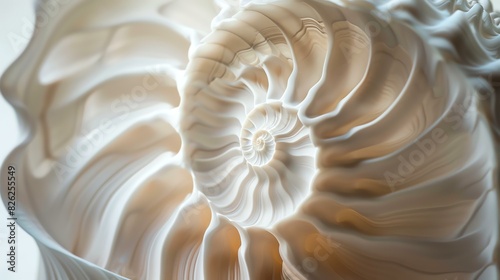 Amazing close-up of a seashell  showing the intricate details of its spiral shape. The shell is white and smooth  with a pearlescent sheen.