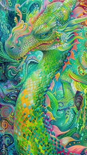 Wallpaper Mural Capture a dragon in vibrant graffiti, towering above from a worms-eye view with scales gleaming in the sun, invoking an urban mythic vibe Torontodigital.ca