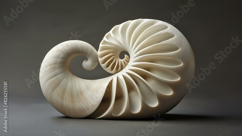 This image shows a 3D rendering of a nautilus shell made of white marble.