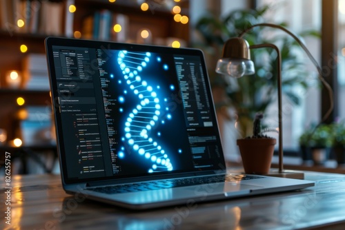 Digital blue DNA model on laptop screen with a modern office background, merging technology with genetics photo