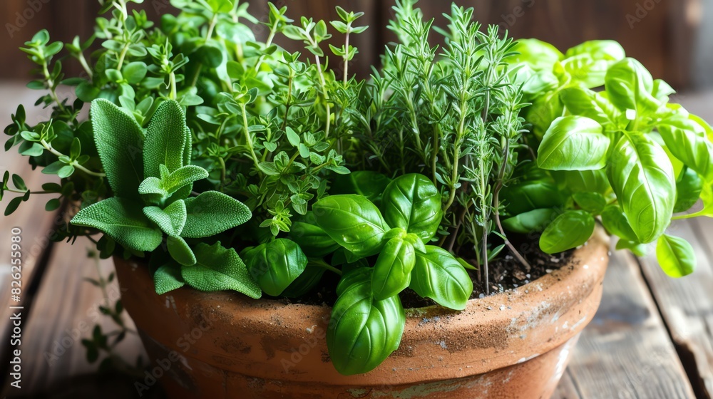Fresh herbs in a rustic clay pot. The herbs include basil, thyme, rosemary, and sage. The pot is sitting on a wooden table.