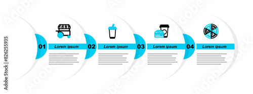Set line Pizza, Coffee and burger, Glass with water and Fast street food cart icon. Vector